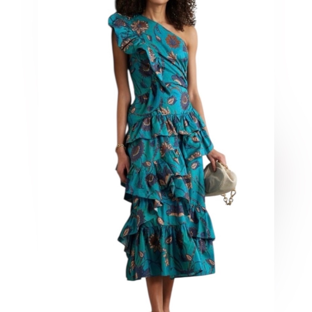 Ulla Johnson Ondine Cotton Floral One Shoulder Cascading Ruffles Midi Dress